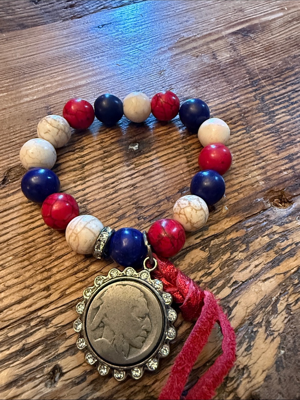 Red, Blue & Cream Charm Bracelet with Coin Pendant American celebrating !!!!